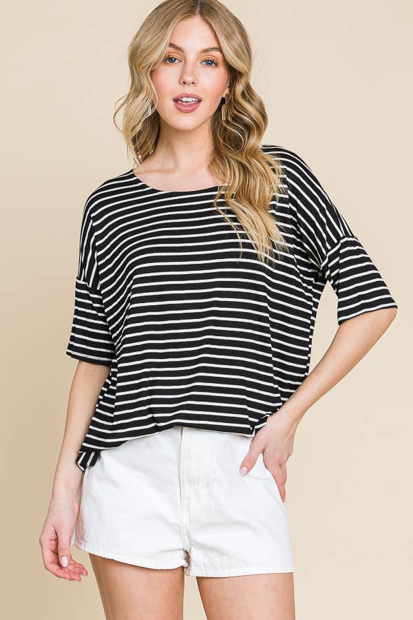 TA1306 CASUAL SHORT SLEEVE Black White STRIPE TOP