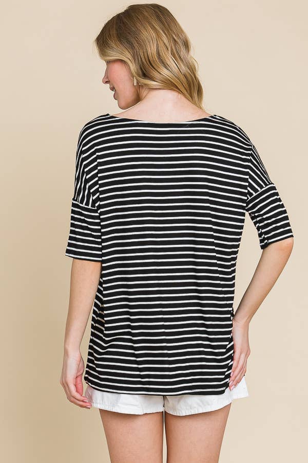 TA1306 CASUAL SHORT SLEEVE Black White STRIPE TOP