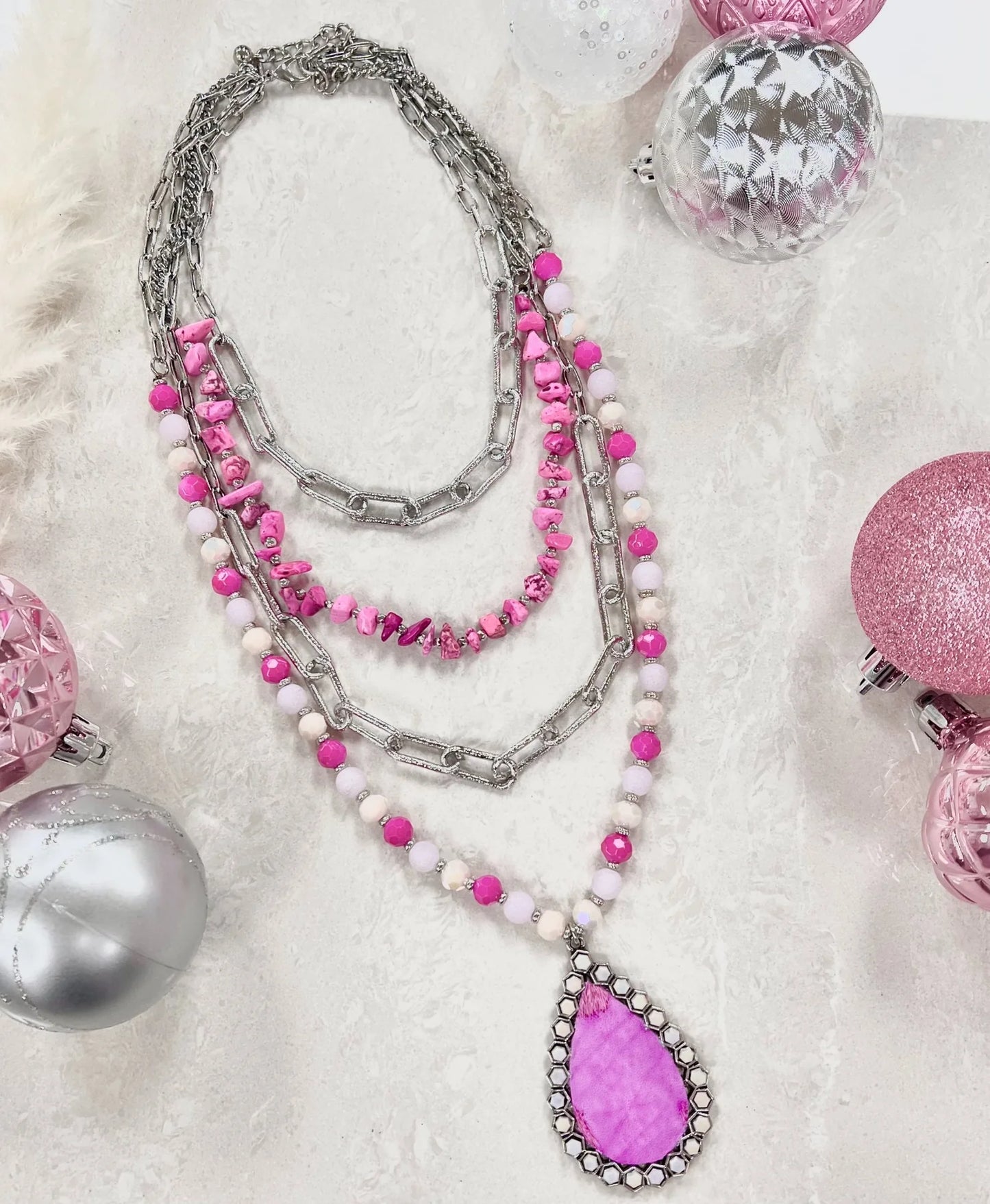 Pink Silver multi layer necklace
