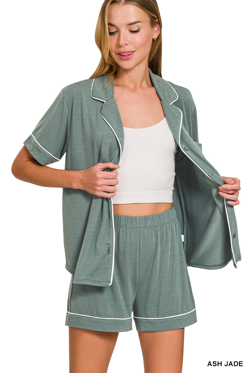 Zenana Short sleeve button down PJ 2 piece set