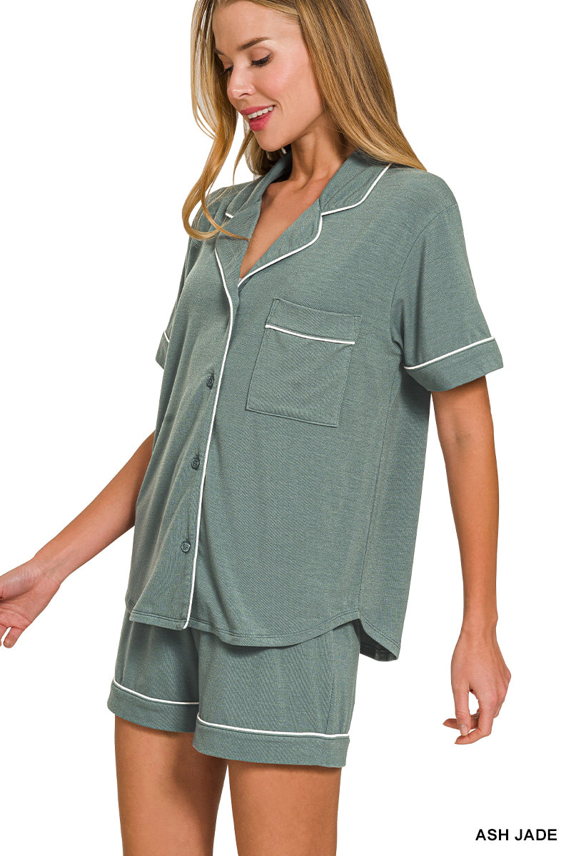 Zenana Short sleeve button down PJ 2 piece set