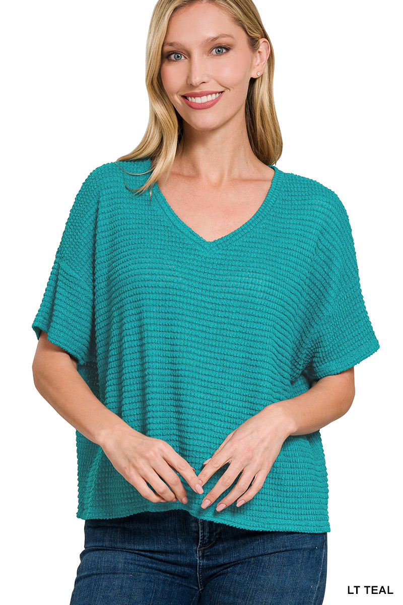 DROP SHOULDER SHORT SLEEVE V-NECK JACQUARD SWEATER