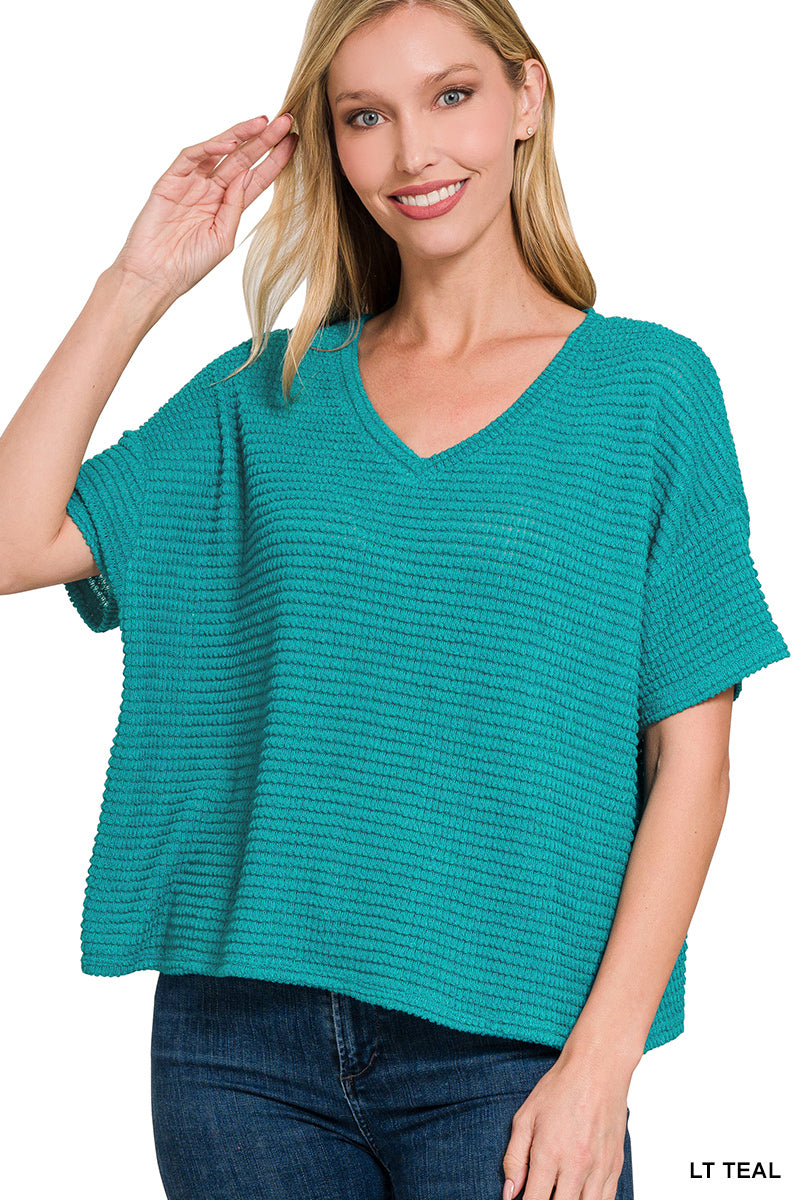DROP SHOULDER SHORT SLEEVE V-NECK JACQUARD SWEATER