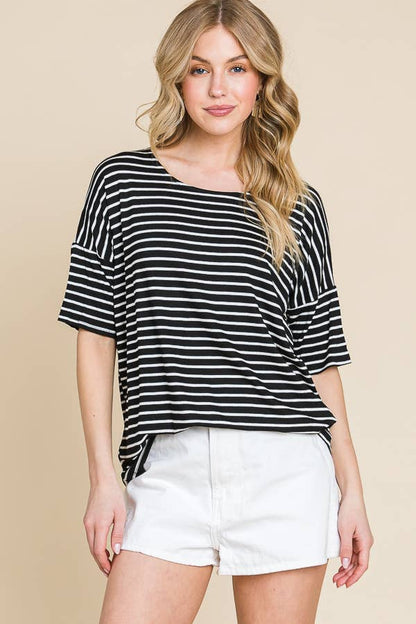 TA1306 CASUAL SHORT SLEEVE Black White STRIPE TOP