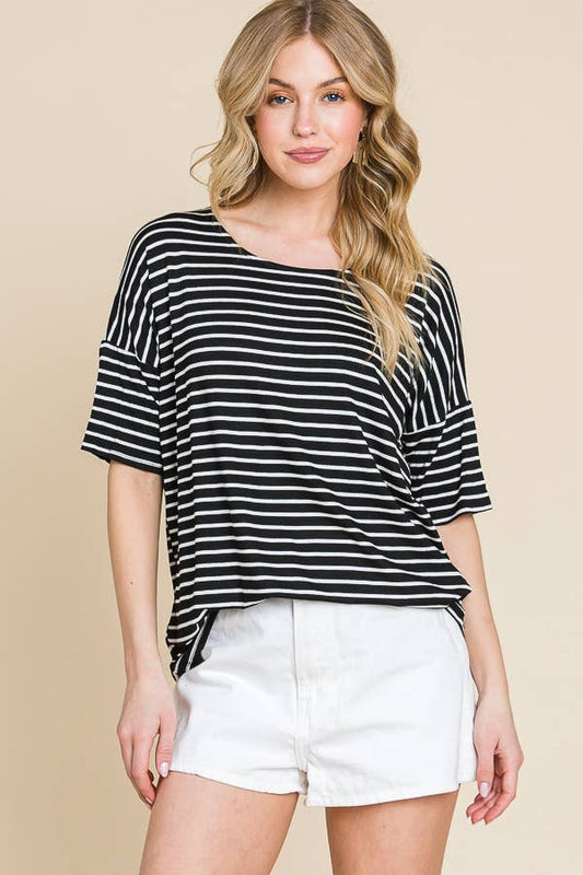 TA1306 CASUAL SHORT SLEEVE Black White STRIPE TOP