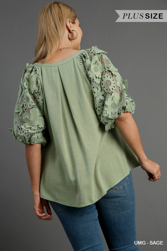 Umgee 3D Floral Lace Puff Sleeve Blouse