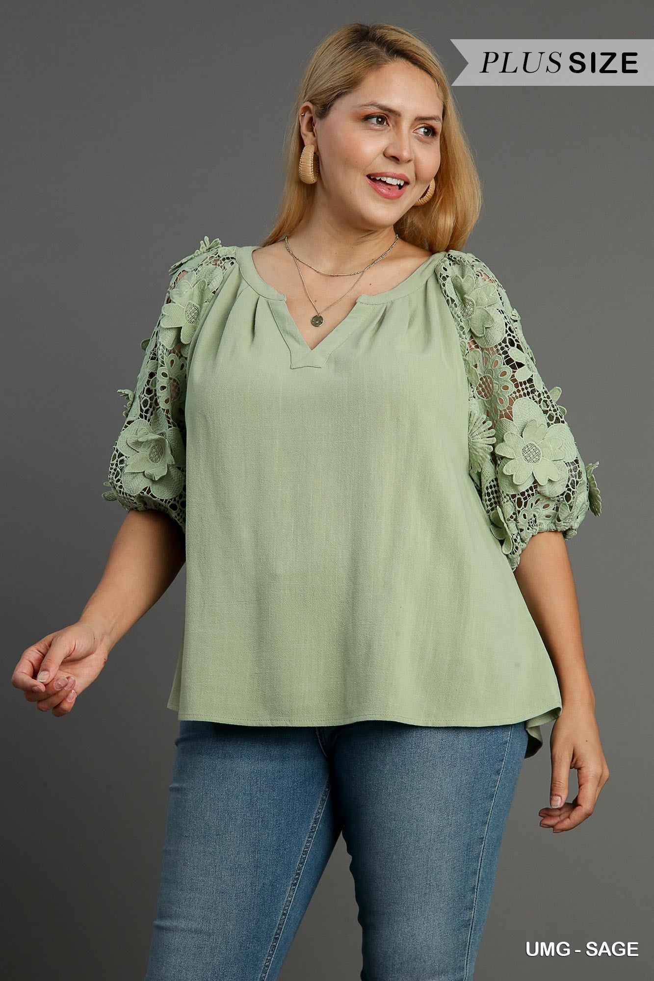 Umgee 3D Floral Lace Puff Sleeve Blouse