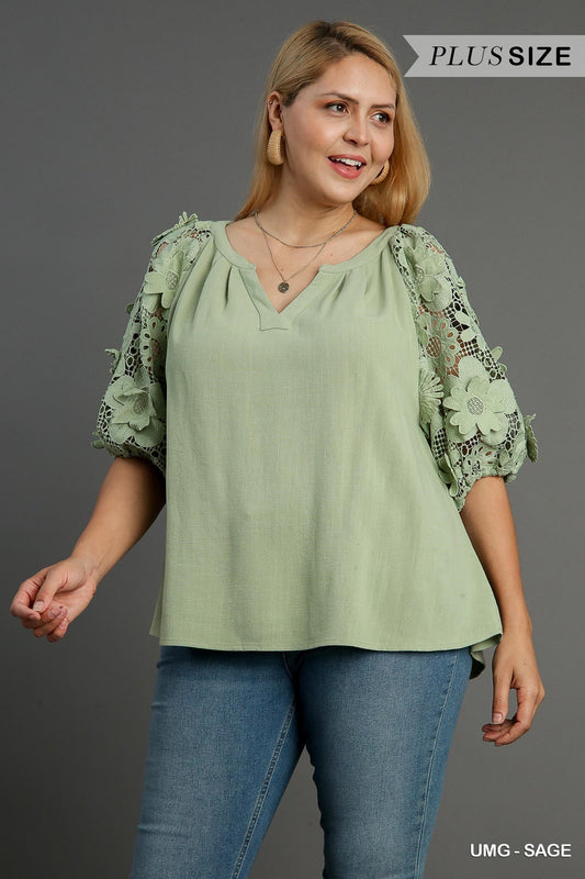 Umgee 3D Floral Lace Puff Sleeve Blouse