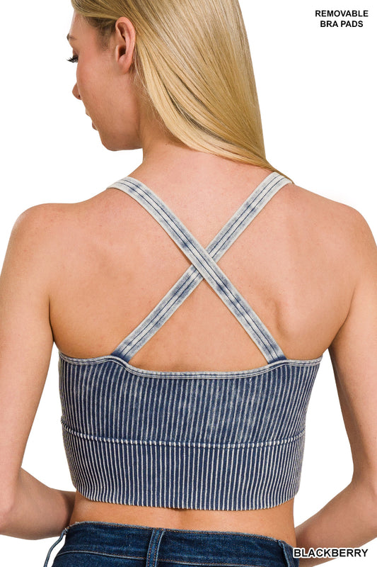 V neck washed rib seamless crop bra padded tank top