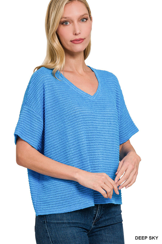 DROP SHOULDER SHORT SLEEVE V-NECK JACQUARD SWEATER