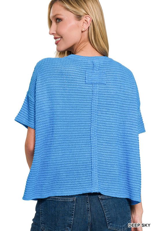 DROP SHOULDER SHORT SLEEVE V-NECK JACQUARD SWEATER
