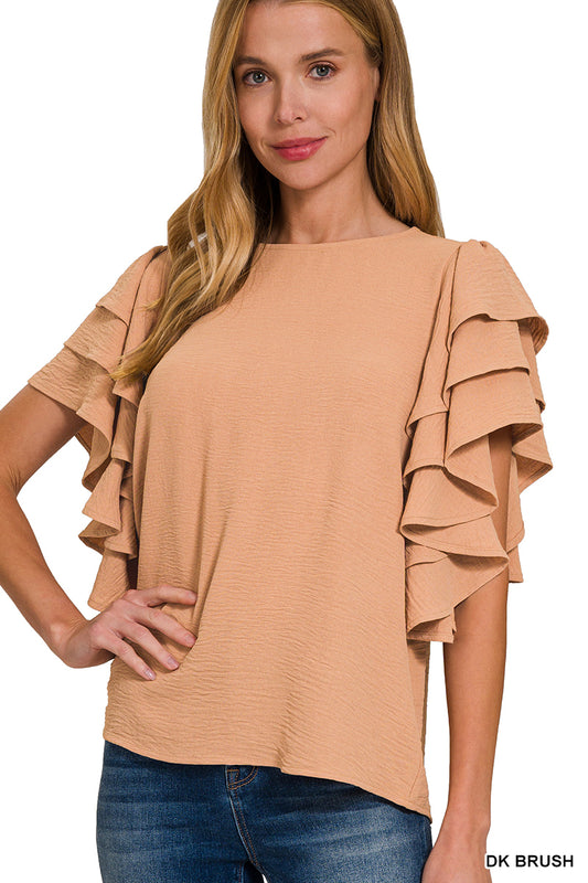 WOVEN AIRFLOW MULTI-TIERED RUFFLE SLEEVE TOP