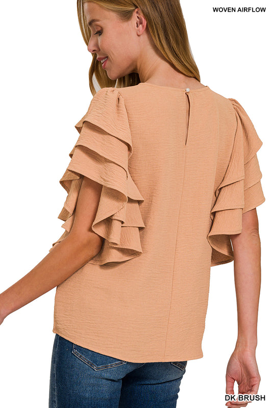WOVEN AIRFLOW MULTI-TIERED RUFFLE SLEEVE TOP
